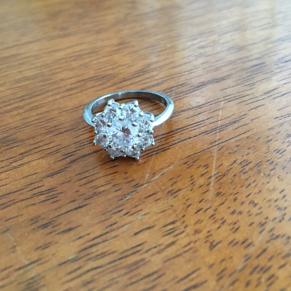 Silver Floral Cluster CZ Ring - White